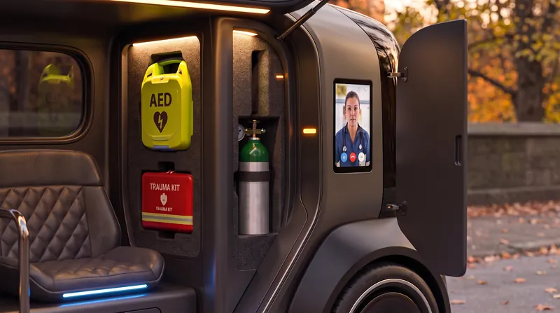 The medical wall: AED and trauma kit in lit niches, an oxygen cylinder, and a doctor on the video-call screen.