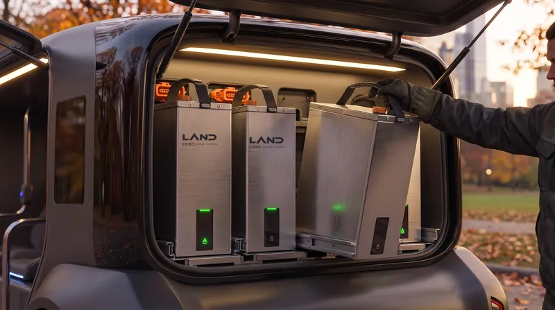 Close-up of LAND CORE battery modules on slide rails, one pulled halfway out by a gloved hand.