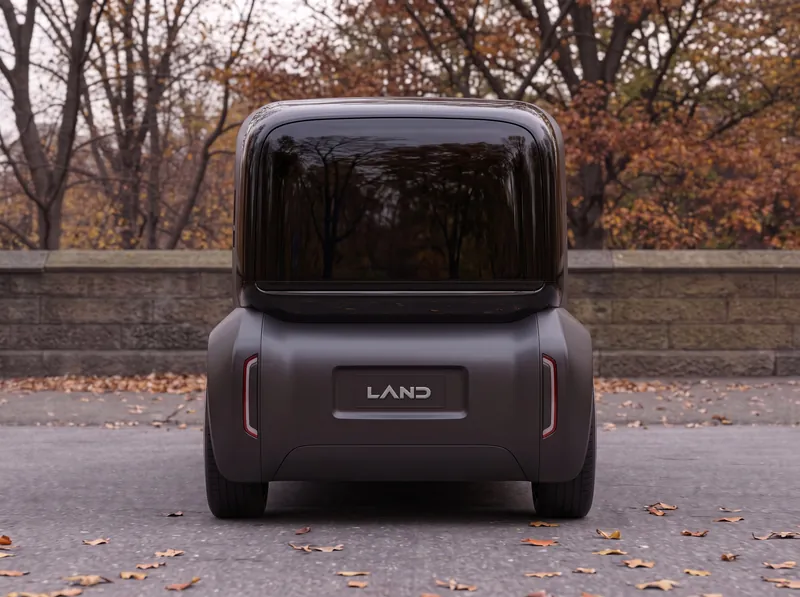 Straight-on end view: a tall gloss black glass cap above a matte graphite body with a LAND badge.