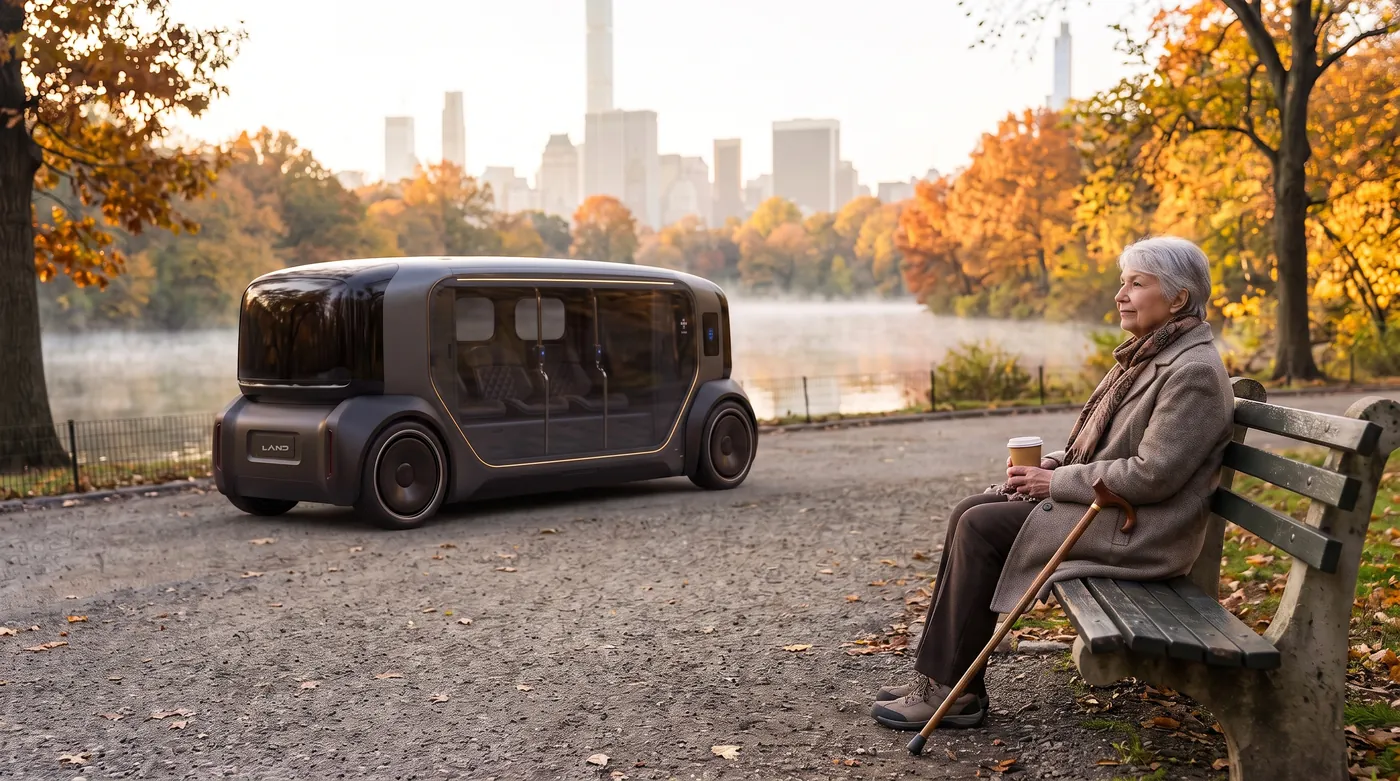 Ruth, 78, resting on a bench by the Central Park Reservoir with coffee and a cane while a LIFELINE pod rolls slowly along the path behind her.