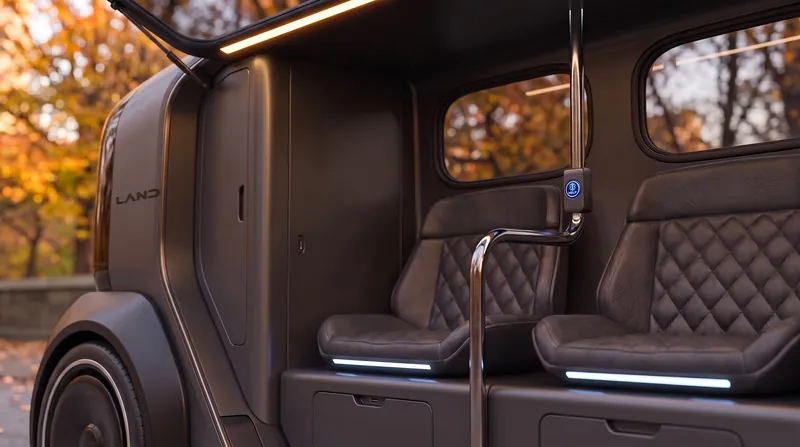 Close-up of the quilted leather seats, chrome grab pole and its blue illuminated HELP button.