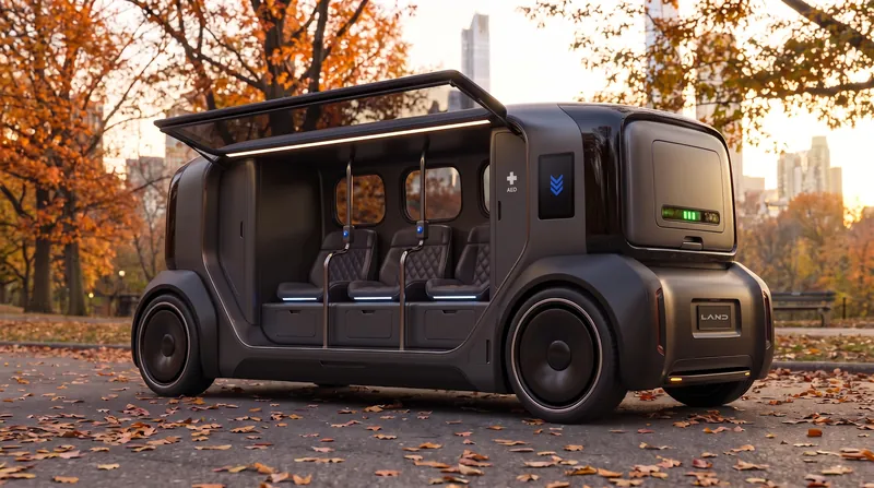 Three-quarter view of the service end with its flush battery-bay door and green charge-level bars.