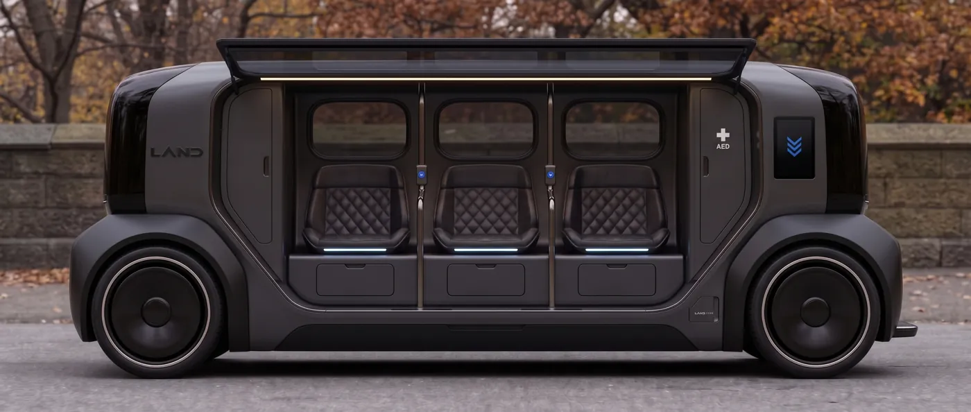 The same side view with the canopy open, showing three quilted seats, grab poles and drawers.
