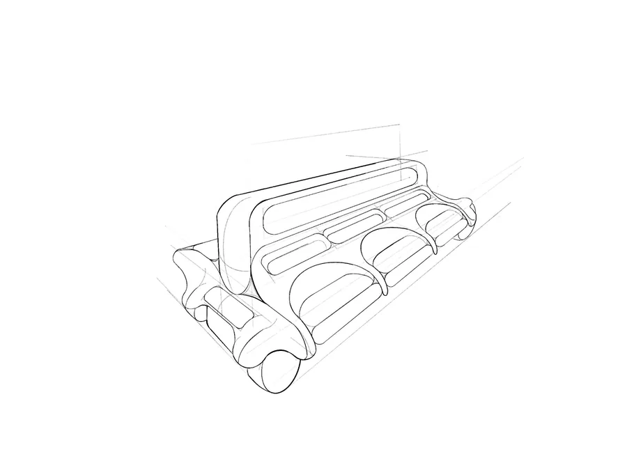 Pen sketch of an early concept: a rounded rolling bench.