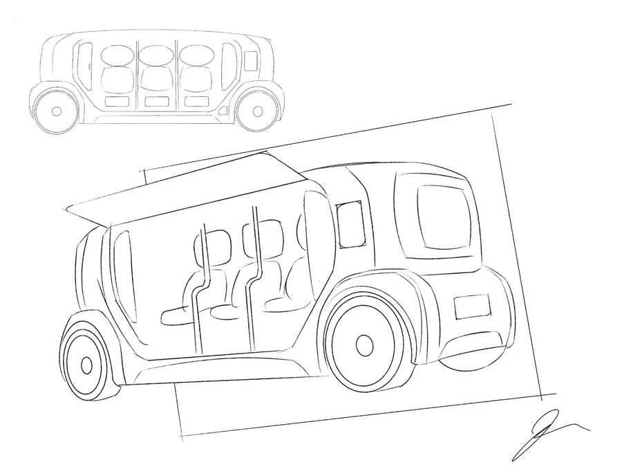 Original pen sketch: a side orthographic view and a three-quarter perspective of the vehicle with its canopy open.