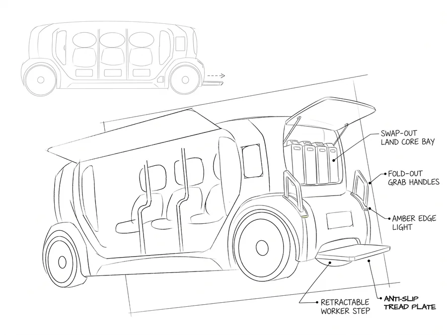 Sketch iteration of the service end with a swap-out LAND CORE bay, retractable worker step, grab handles and amber edge light, with callouts.