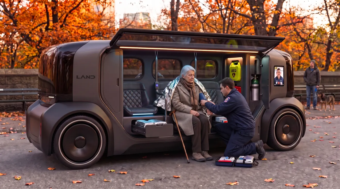 Ruth sits in LIFELINE's middle seat wrapped in a thermal blanket while a park paramedic checks her blood pressure and a remote doctor talks to her on the vehicle's side screen.